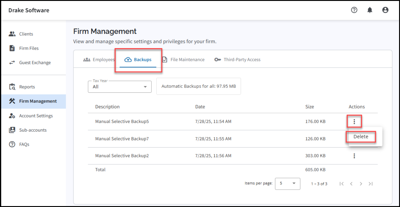 Delete Backups in Firm Management Screen